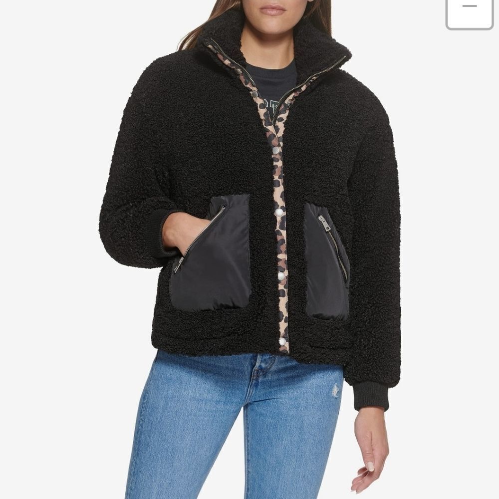 Levi's Oversized Sherpa Jacket M Black Stand Collar Zip Teddy NWOT